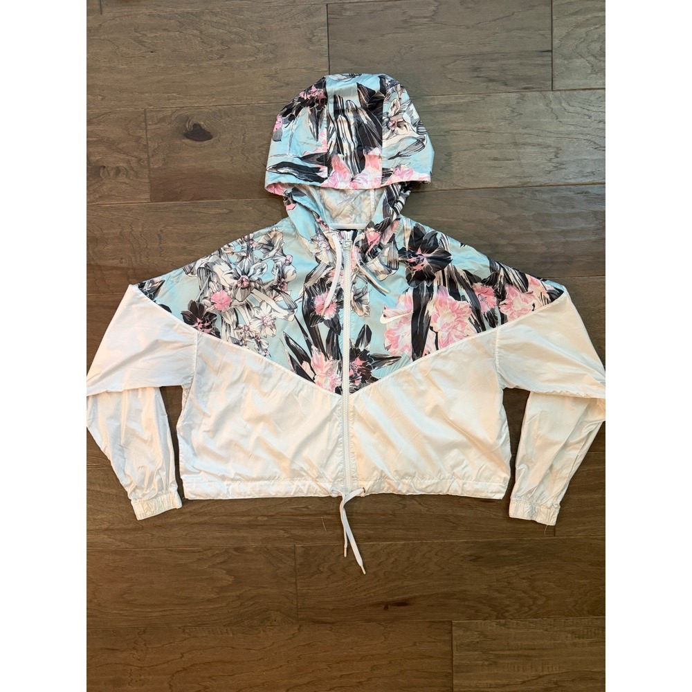 Nike Windbreaker Jacket Womens Large White Floral Cropped Windrunner Full Zip